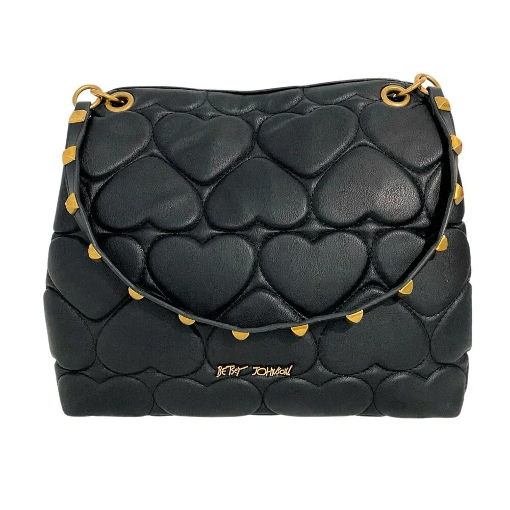 Betsey Johnson Black Heart Quilted Satchel Handbag Purse With Pink Bear Charm - Picture 5 of 12